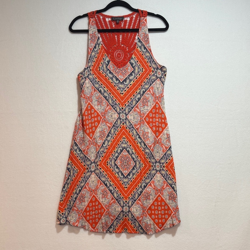 Luxology Orange and Blue Patterned Sleeveless Dress, Size 8, crocheted, flowy